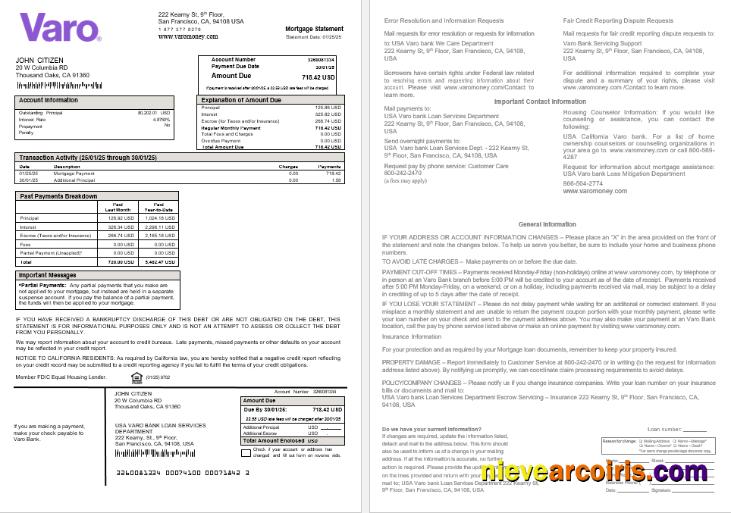 USA California Varo bank mortgage statement